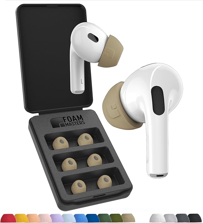Foam Masters Ultra-Premium Memory Foam Ear Tips for AirPods Pro 1st & 2nd Gen | 3 Pairs | New Ver. | Secure Fit | Super Comfort | Better Noise Cancel | Replacement Buds (Small, FDE Tan)