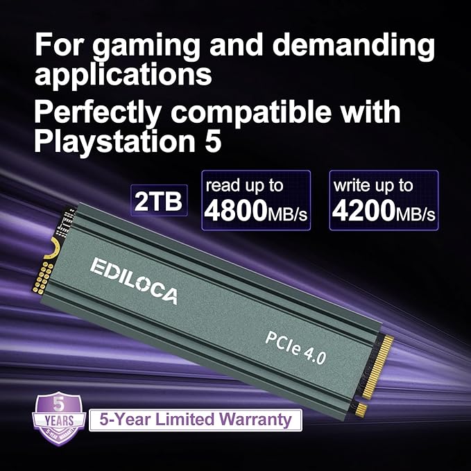 Ediloca 2TB M2 NVME SSD with Heatsink - PCIe Gen4.0 NVMe M.2 2280 3D NAND TLC, 4800MB/s Read, Internal Solid State Drive for PS5/PC, Dynamic SLC Cache, PS5 Storage Expansion, 5-Year Warranty(EN760)