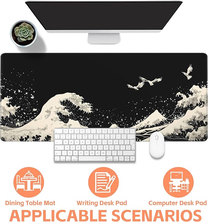 NIYLYNSYN Mouse Pad Large White Wave Non-Slip Gaming Desk Mat with Stitched Edge Laptop Keyboard Desk Pad for Work Home Gaming (35.4 x 15.7 Inches)