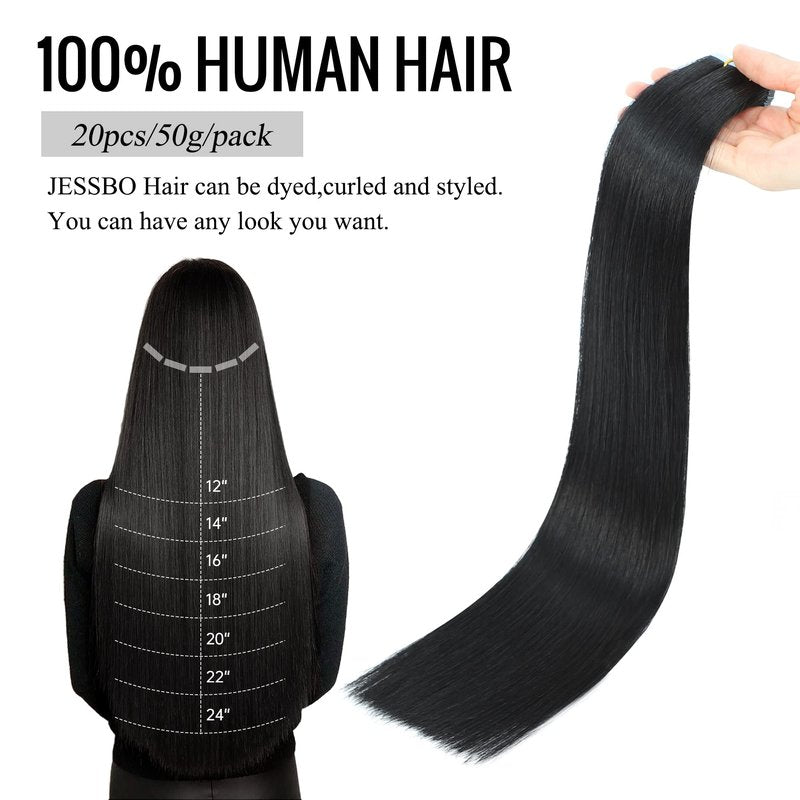 JESSBO Tape in Hair Extensions Human Hair Straight Natural Black 100% Remy Human Hair 20 inch 20pcs 50g/pack Seamless Skin Weft Tape in Extensions for Women (20 Inch #1B Natural Black)
