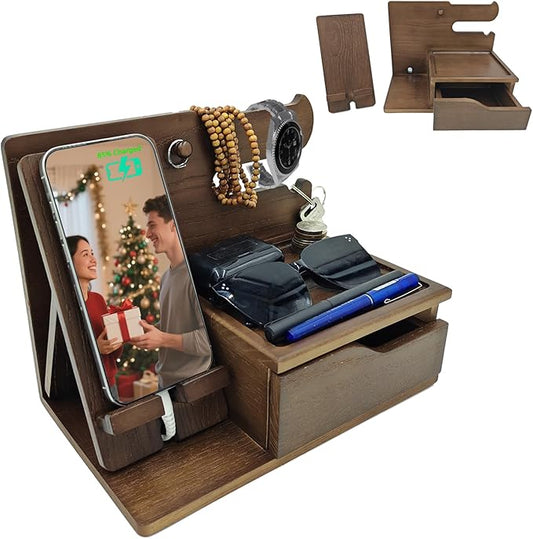 UUyuality 3-in-1 Wood Phone Docking Station Organizer with Drawer & Hidden Charging Hole for Phone, Keys, Glasses & Accessories, for Men (WALNUT, 01)
