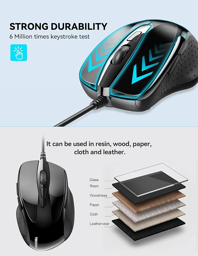 TECKNET USB Wired Mouse, 6-Button Corded Mouse with 2 Adjustable DPI, Optical Computer Mouse with Ergonomic Design and 5FT Cord for Laptop, Chromebook, PC, Desktop, Mac, Notebook-Black