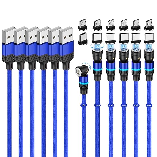Losuesme Magnetic Charging Cable (6-Pack,1.6+3.3+3.3+6.6+6.6+10ft) 540° Rotation Magnet Phone Charger USB C Cable 3A Fast Charging Magnetic Charger Cable with LED Light for Micro USB Type C Device