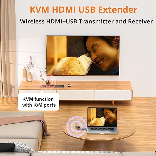 KCEVE HDMI KVM Wireless Transmitter and Receiver 200M/660FT, HDMI USB KVM Extender 1 PC 2 Monitors Share Keyboard and Mouse, Loop Out, 1080P@60Hz,with 2 USB Cables
