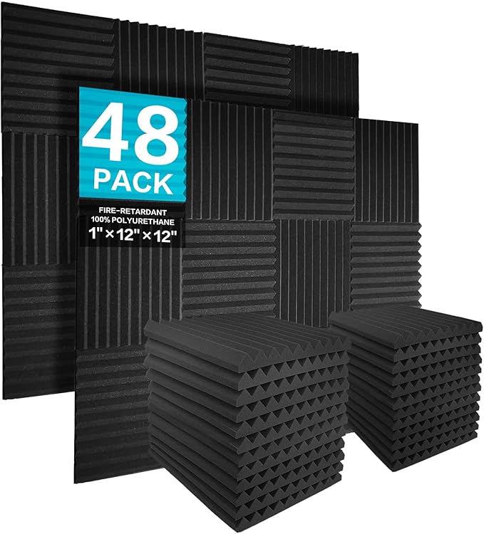 JBER Sound Proof Foam Panels Studio Acoustic Foam Panels, 48 Pack 1" X 12" X 12" Soundproofing Wedges Sound Proof Padding Fireproof Acoustic Treatment for Home Office - Black