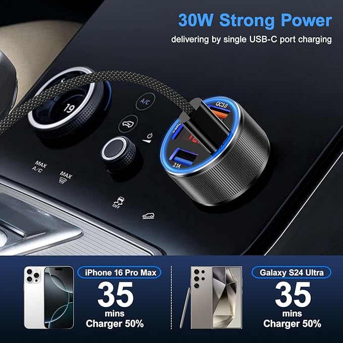 Car Charger for iPhone 17 16 15 Pro Max, Besgoods 4-Port Cigarette Lighter Adapter USB C & USB A Car Phone Charger Fast Charging Voltmeter for Galaxy S25 S24 S23 A15 A54 Android, 6ft USB C to C Cable