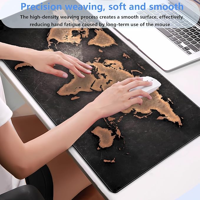 World Map Gaming Desk Pad XXL Large Mouse Pad Vintage Style Full Desk Mat Extended Keyboard Pad with Stitched Edges, Non-Slip Base (31.5" x 15.7")