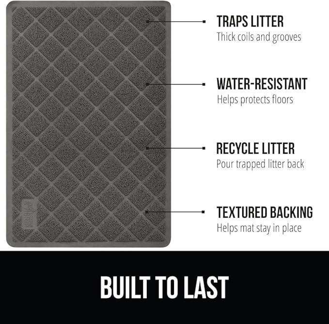 GORILLA GRIP Cat Litter Box Mat, 40x28, Water Resistant, US Designed Kitty Litter Trapping Mats, Easy to Clean, Scatter Control, Less Mess and Clean Floors, Kitten Supplies for Indoor Cats, Dark Gray