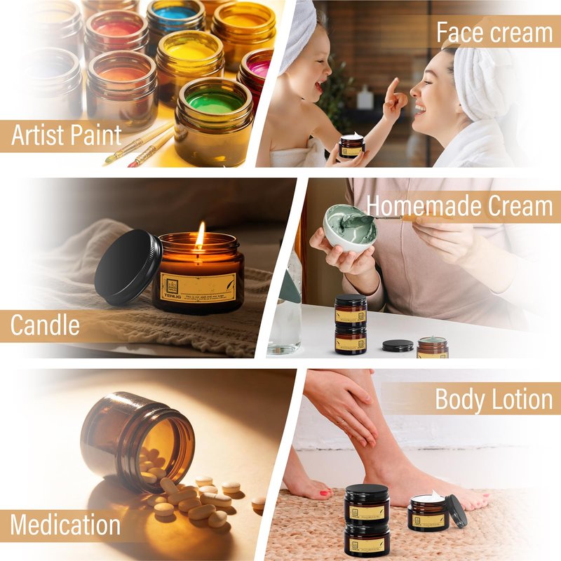 TENLIG 1.75 oz Glass Jars with Lids,Amber,12 Pack Empty Cosmetic Containers with Inner Liners,Black Metal Lid,Refillable Round Airtight Jars,Use to store Lotion,Powders,Candle Making