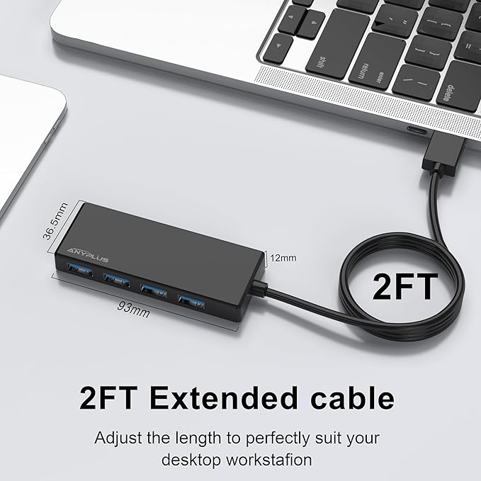 ANYPLUS USB Hub, Multiport USB Splitter Adapter, 2 ft Long Cable USB 3.0 Hub, USB Extender for Laptop, PC, iMac, Surface Pro, MacBook, Mac Pro, Flash Drive, XPS, Mouse, HDD, Black, HJ-Black-0.5M-001