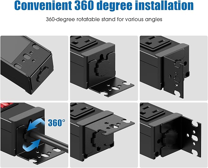 HHSOET Rotating Mountable Power Strip, 12 Outlet Wall Mount Surge Protector, 1200J, Metal Heavy Duty and Versatile Outlet Strip, Stylish Appearance, Sturdy and Durable, 15ft Power Cord.(Black)