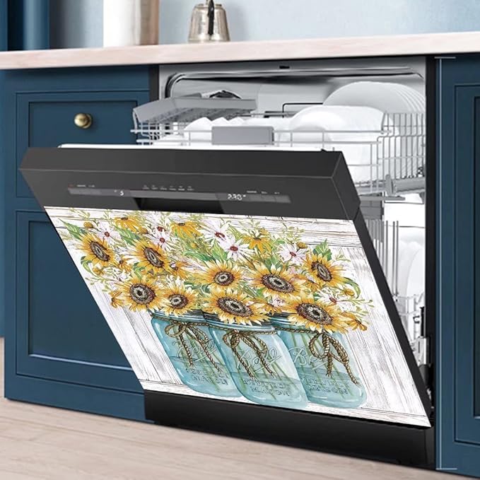 Farm Sunflower Dishwasher Cover Magnet Sticker, Vase Sunflowers Fridge Decal Magnetic Panel, Farm Style Vinyl Home Appliance Cover, Magnetic 23"x17"INCH