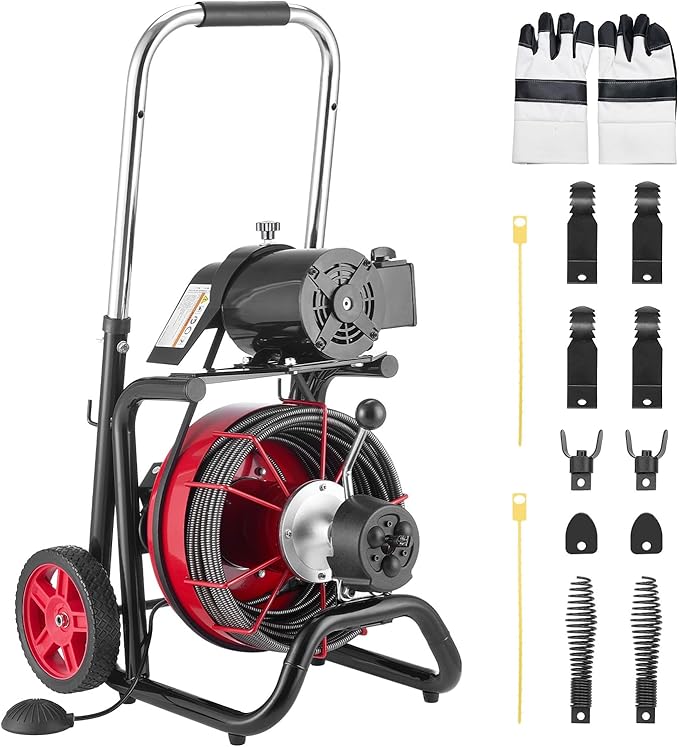 VEVOR Drain Cleaner Machine 100FT x 3/8 Inch, Auto Feed Sewer Snake Auger on Wheels, 370W Portable Drain Cleaning Machine with 8 Cutters & Air-activated Foot Switch for 2" to 4" Pipes