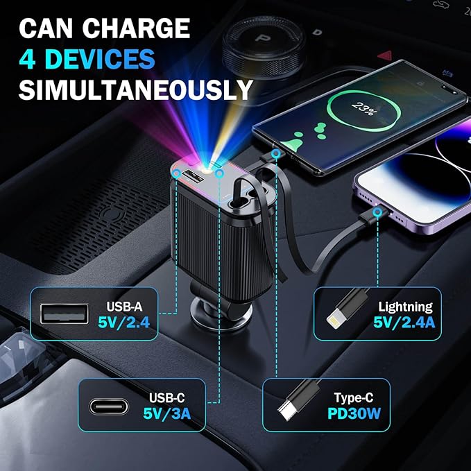 4 in 1 Retractable Car Chargers with Starlight, 66W USB C Fast Car Charger Adapter with 2 USB Ports for All iPhone 15/14/13/12/11 and for All Android (Dark Black - PurpleLight)