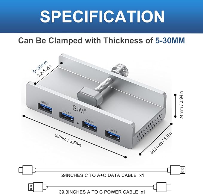 EJAY Clamp USB 3.0 Hub for Desk & Monitor, 4-Port 5Gbps High-Speed Under Desk USB Hub with 59in Extra Long Data Cable, Aluminum Multi Port Splitter for PC, Mac, Laptop, Silver
