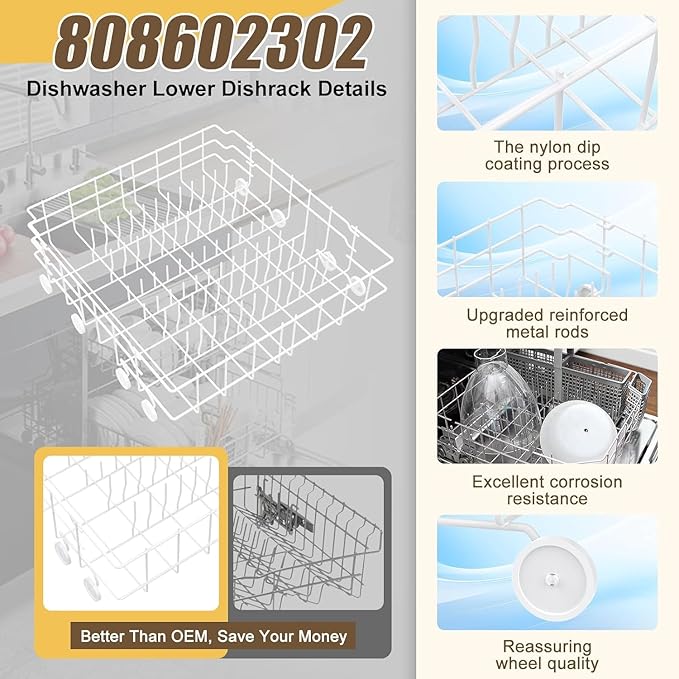 UPGRADED 808602302 5304535768 Dishwasher Lower Rack Replacement Compatible with Frigidaire,Kenmore Dishwasher Rack Parts with 154174501 Wheels Replace 154432602 154432601 154319706 Dishwasher Racks