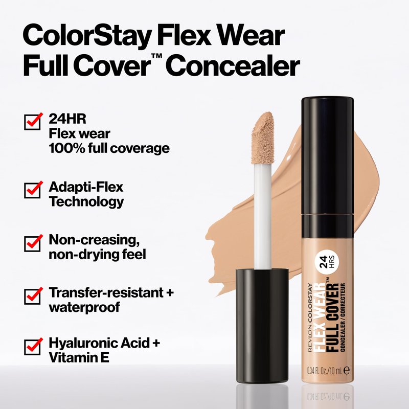 Revlon ColorStay Flex Wear, Full Cover Non-Creasing Concealer, Infused with Hyaluronic Acid & Vitamin E, Flexible Longwear, 015 Light, 0.34 Fl Oz