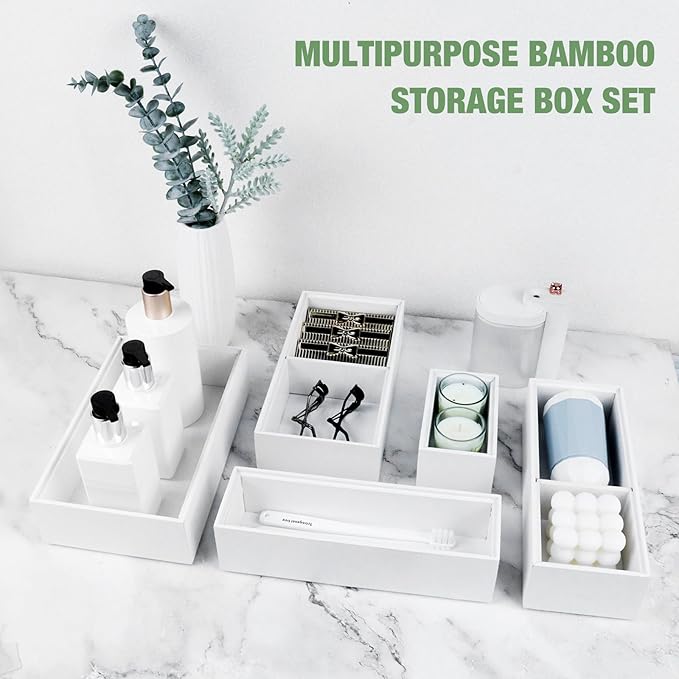 Bamboo Drawer Organizer,5 PCS Silverware Organizer & Kitchen Organizers and Storage,Utensil Drawer Organizer With Removable Dividers for Kitchen,Utensils,Bathroom,Office,Makeup(White)