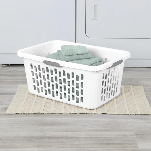 Large Plastic Laundry Basket - 4 Comfort Grip Handles, 2 Bushel Capacity | White