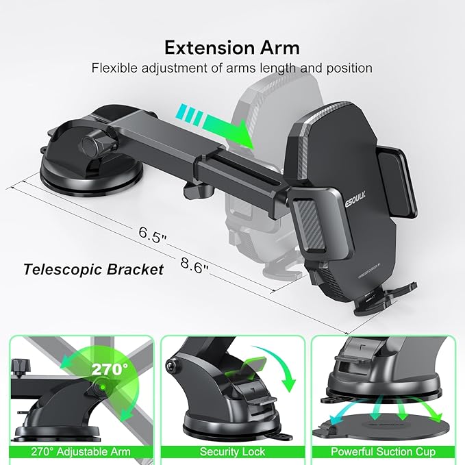 Esoulk Wireless Car Charger Phone Mount, 15W Fast Charging Car Mount Charger with Auto Clamping, Car Charger Phone Holder for iPhone, Wireless Charger Car Mount for Dashboard & Windshield