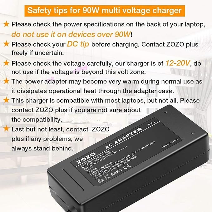 ZOZO 90W AC Universal Laptop Charger for HP Dell Gateway Toshiba Lenovo Acer Asus Samsung Sony Fujitsu Notebook Ultrabook Chromebook DC 12V 16V 18.5V 19V 19.5V 20V Power Adapter Supply Cord