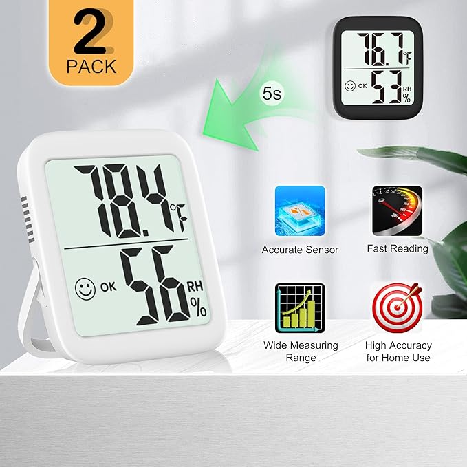 Antonki 2 Pack Room Thermometer for Home, Hygrometer Indoor Humidity Meter Gauge, Digital Temperature and Humidity Monitor Sensor for House, Terrarium, Incubator, Greenhouse - Battery Included