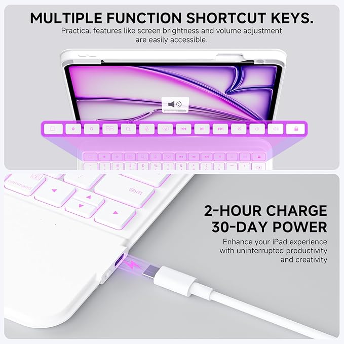 Tiaota for iPad Pro 11-inch (M4, 2024) Keyboard Case with Multi-Touch Trackpad, 360° Rotating Magnetic Stand, Detachable Protective Cover, Portrait & Raised Modes, 7-Color Backlight – White