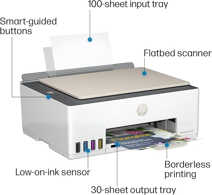 HP Smart Tank 5000 Wireless All-in-One Ink Tank Printer, Scanner, Copier with 2 Years of Ink Included, Best-for-Home, Cartridge-Free, Refillable and AI-Enabled. (5D1B6A)