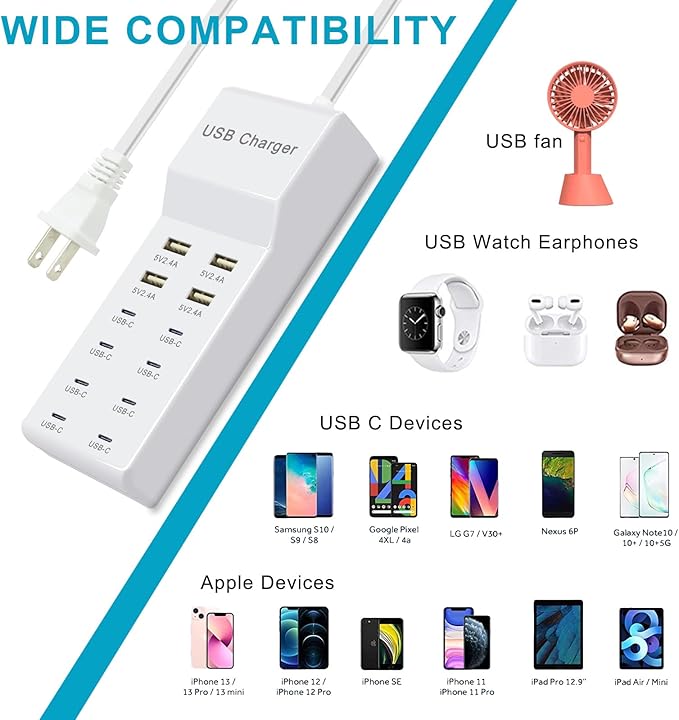 USB Charging Station - Fast Charger for iPhone 15/14, Samsung Galaxy, iPad and Tablets - Desktop Home USB Charger Hub with UL Certification and Safety Travel Protection White