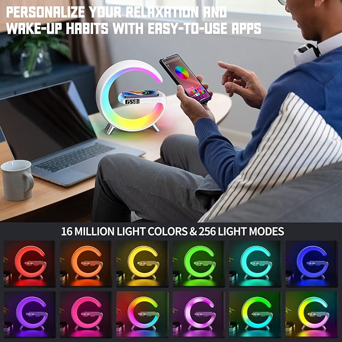 Boenim Smart Table Lamp with 4-in-1 Wireless Charger, Night Light, Bluetooth Speaker, Alarm Clock, App Control, Office, Bedroom, Home Decor (Black)