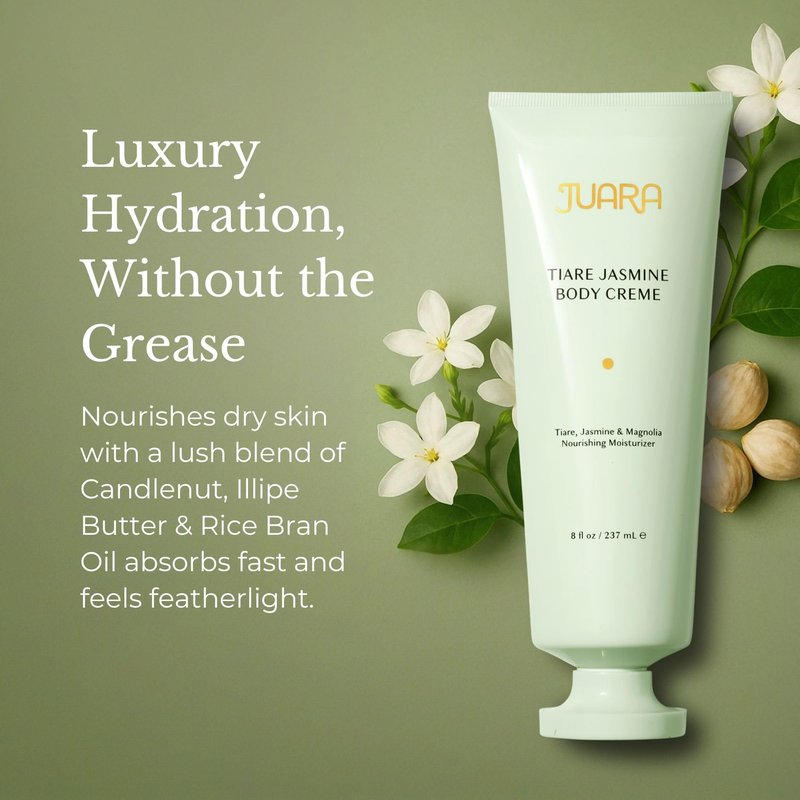 Juara Tiare Jasmine Body Creme | Hydrating Body Lotion for Dry Skin | Moisturizing Body Cream with Natural Oils | Non-Greasy, Luxury Skin Care | Nourishing Vegan Formula | 7.8 OZ (237 ML)