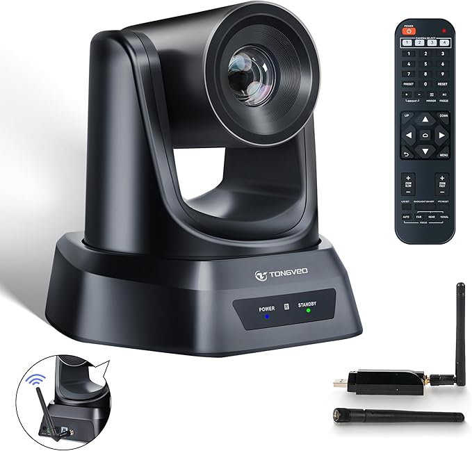 TONGVEO Wireless AI PTZ 20X Zoom Camera with Auto-Tracking: Built-in 5.8GHz Receiver for Cable-Free Setup, 1080P 60fps Conference Camera for Church Services, Online Classes & Hybrid Meetings
