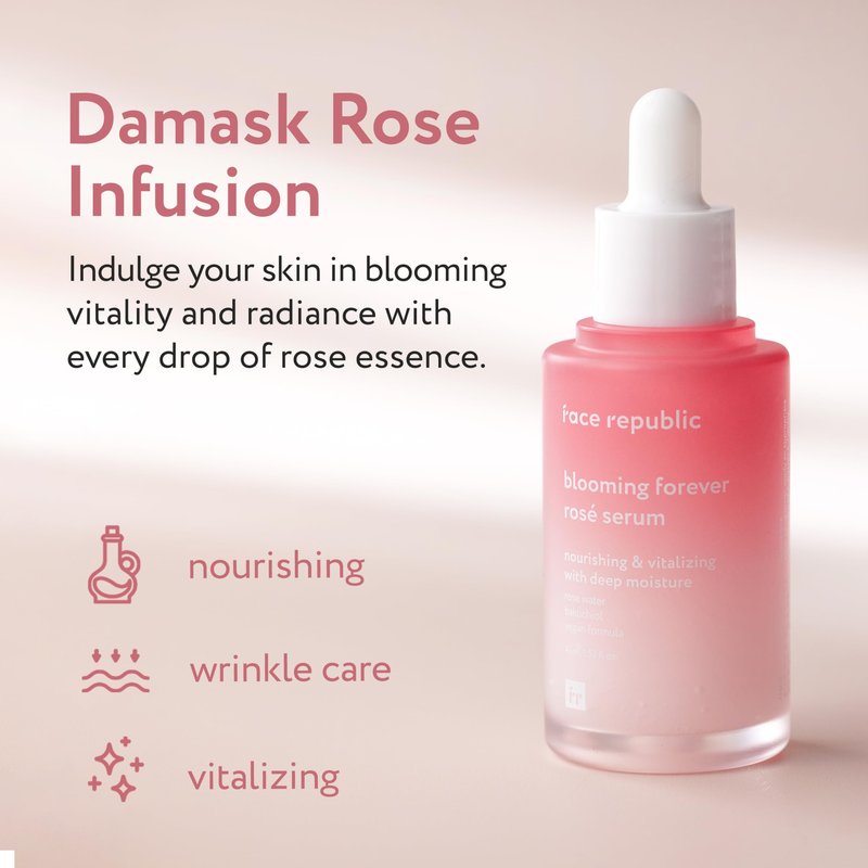 Face Republic Blooming Forever Rosé Serum 45ml 1.52 fl oz | Damask Rose, Bakuchiol | Revitalizing & Rejuvenating | Wrinkle Care | Firm and Elastic Skin | Vegan Korean Skincare