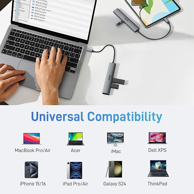 Acer 5 in 1 USB C Hub with 4K HDMI, 100W Power Delivery, 3 USB A Data Ports, USB C to HDMI Multiport Adapter for Laptop, PC, Tablet, MacBook Neo/Pro/Air, iPad Pro/Air, iMac, iPhone 17/16/15