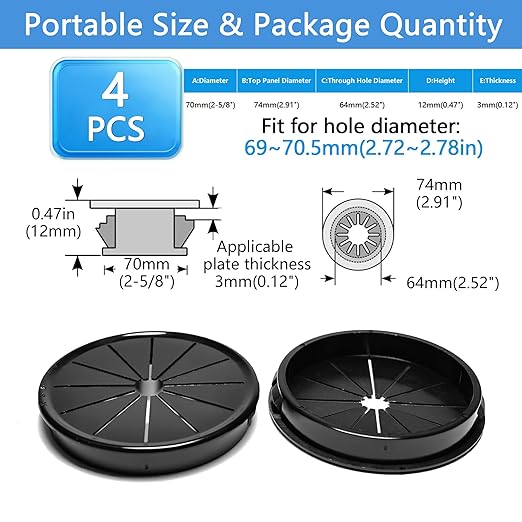 BOPOREAE 4 Pcs Cable Grommet, Snap Bushing 2-5/8" (70 mm) Mounting Diameter, Flexible Petal-Shaped Buckle Round Nylon Desk Grommet for Wires Through Countertop Cord Organizer and Protection, Black