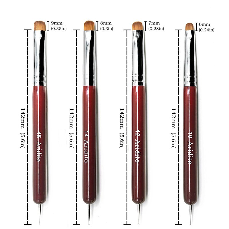 Aridito 4Pcs Professional Acrylic French Manicure Clean-Up Brushes & Dotting Pens - Red Wood Handles, Precision Tips (#10#12#14#16) for Nail Art, Cuticle Care
