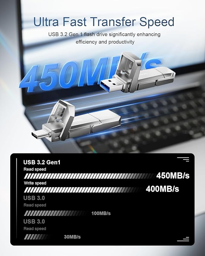 GARMESE 64GB USB C SSD-Grade Flash Drive Up to 450MB/s USB 3.2 Solid State Thumb Drive Type-A + Type-C 2-in-1 Flash Drive Memory Stick Data Storage for iPhone 17/16/15/Android Phone/Windows/Mac