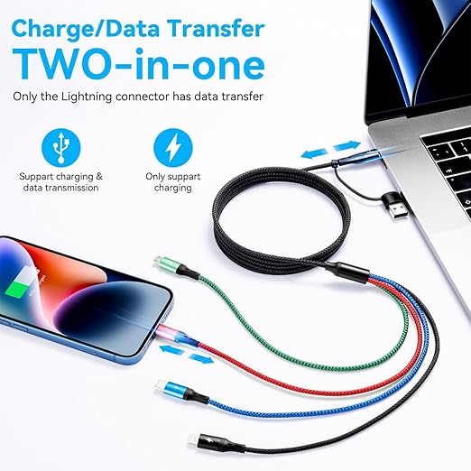 5 in 1 Multi Charging Cable 3.5A, Multi Fast Charging Cord USB A/C to Type C/Micro USB/Lightning Braided Universal Muliple Charger Cable,Multi Chargers for Cell Phones,iPhone 17 16,Galaxy (2Pack,4Ft)