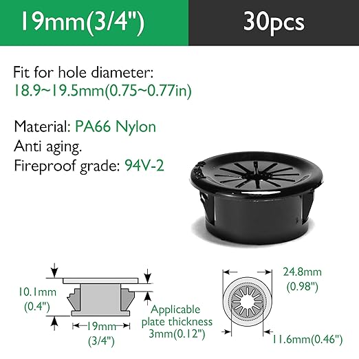 EASYEAH 30PCS Cable Grommets, 3/4"(19mm) Desk Hole Cover Petal Shaped Buckle Type Nylon Snap Bushing Grommet, Wire Hole Cover Insert for Cables and Cords Management and Protection of Cabinet, Black