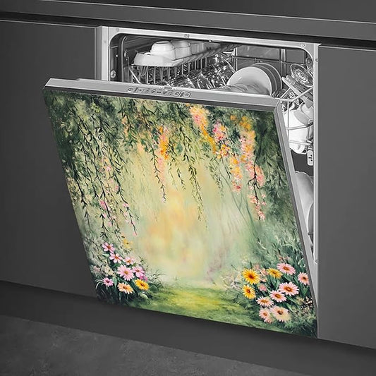 Dishwasher Magnet Cover 23x26 in Garden Forest with Cascading Blossoms and Sunlight Glow Dishwasher Cover for Kitchen Appliance Decoration Front Panel Sticker Panel Home Decor Decal