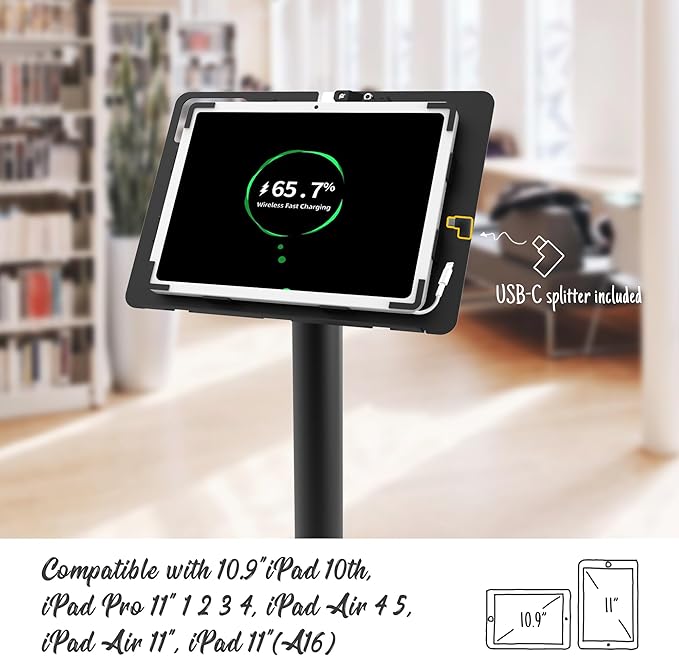 Beelta Tablet Kiosk Floor Stand, Anti-Theft, Rotate Lockable Metal Tablet Enclosure+Aluminum Pole+Metal Base, Compatible with 10.9" iPad 10th, Pro 11" 1 2 3 4, Air 4 5, Air 11"(M2/M3), iPad 11"(A16)