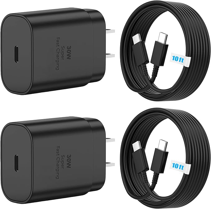 TT&C 2-Pack 30W USB C Charger Set (2X Mini Wall Blocks + 2X 10ft Extra Long Cables), Power PD3.0 Fast Charging Compatible with iPhone 17, 17 Air, 16, 15, iPad Pro, for Samsung Galaxy S25, S24, Black