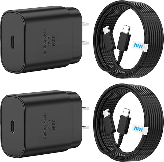 TT&C 2-Pack 30W USB C Charger Set (2X Mini Wall Blocks + 2X 10ft Extra Long Cables), Power PD3.0 Fast Charging Compatible with iPhone 17, 17 Air, 16, 15, iPad Pro, for Samsung Galaxy S25, S24, Black
