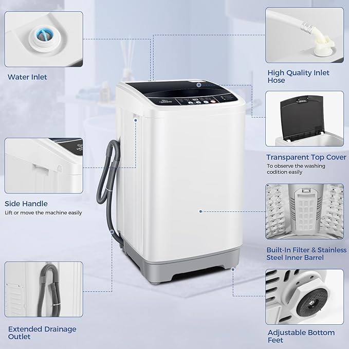 Nictemaw Portable Washing Machine 17.8Lbs Large Capacity 2.4 Cu.ft Portable Washer Machine with 10 Programs and 8 Water Levels Selections Mini Washing Machine for Apartment, Home, Dorms, Rv