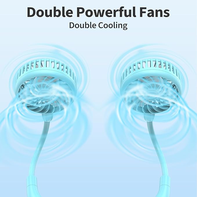 Portable Neck Fan, 2600mAh Battery Operated, Ultra Quiet Hands Free USB Fan with 3 Speeds, Strong Wind, 360° Adjustable High Flexibility Wearable Personal Fan for Sport Office Outdoor Travel-Cyan