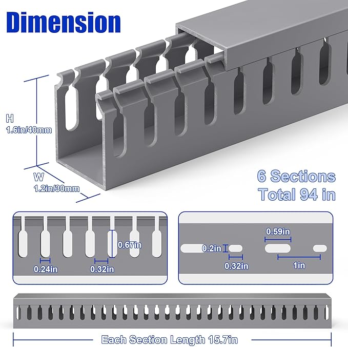 ZhiYo H1.6in W1.2in Professional Server Rack Cable Management Raceway, 99in (6X L16.5in) Cable Raceway Kit, Electrically Safe PVC Open Slot Wire Raceway for Under Desk/Computer/Network Cords, Grey