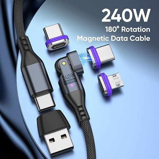 Bojianxin 240W Magnetic Charging Cable ，180°Rotating USBC to USB C Magnetic Data Cable ，Micro USB Phone Fast Charger Cable Data Transfer for Laptop/Tablet/Smart Phone (3ft)