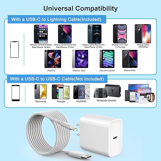 Fast iPhone Charger, Quick 10Foot USBC Wall Charger Phone Charge 2Pack PD USB C Fast Charge Block + Long 10FT Lightning Fast Charging Cable for iPhone 14/Pro/Pro Max/Plus/13/12/11/XS/XR/X/SE2022/iPad
