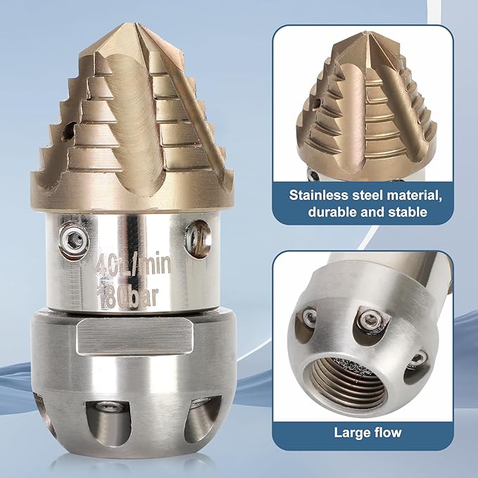 Anrain 3/8 Sewer Jetter Nozzle for 40 L/min Pressure Washer, 360 Degree 3/8 NPT Sewer Jetter Rotating Nozzle, Stainless Steel, for Vehicle Cleaning, Industrial Equipment Cleaning, 2-Year US Warranty