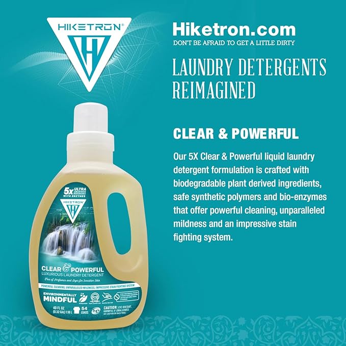 Hiketron Clear & Powerful Unscented Liquid Laundry Detergent, 5x Ultra Concentrated, Tough Stains Remover, (40 Fl Oz, Pack of 2)